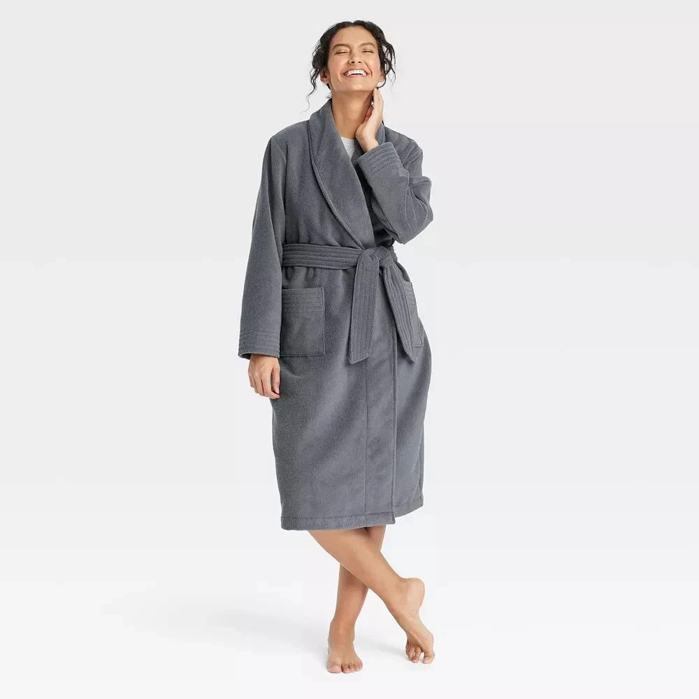Women's Terry Bath Robe - Auden Dark Gray M/L: Heavyweight Shawl Collar, Belt